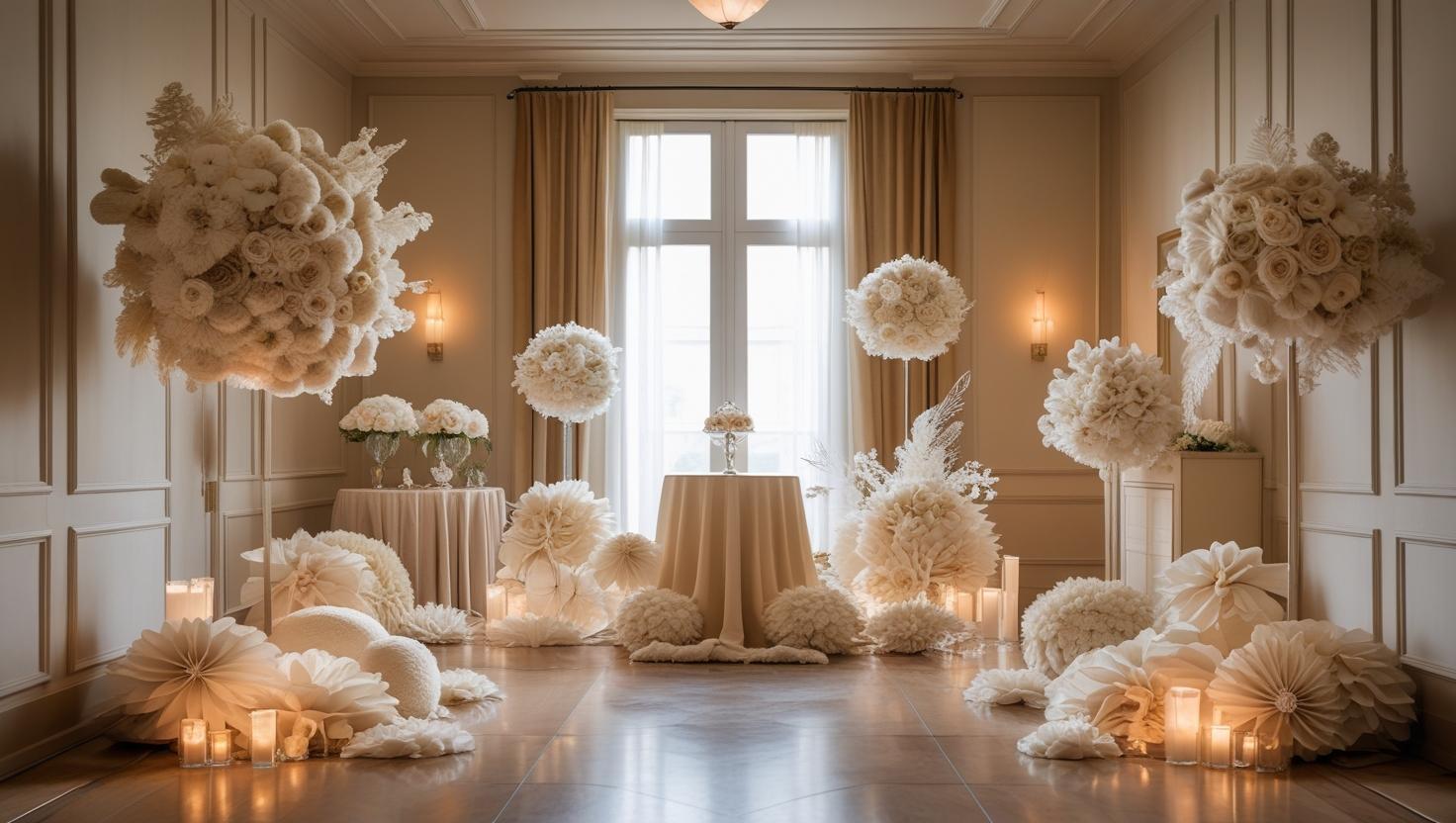 Créé des images avec des éléments de décorations en locations de la part d'une agence événementielle en étant dans une belle salle mais pas non plus surdimensionnée. (1)