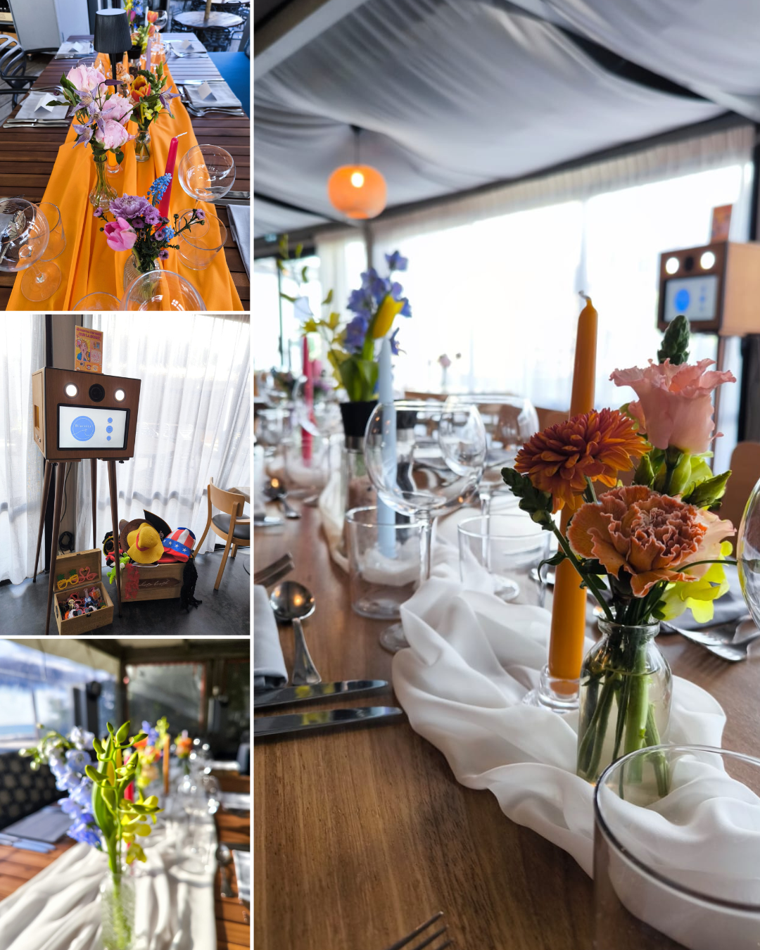 Petits bouquets de fleurs de saison pour une décoration de séminaire épurée.